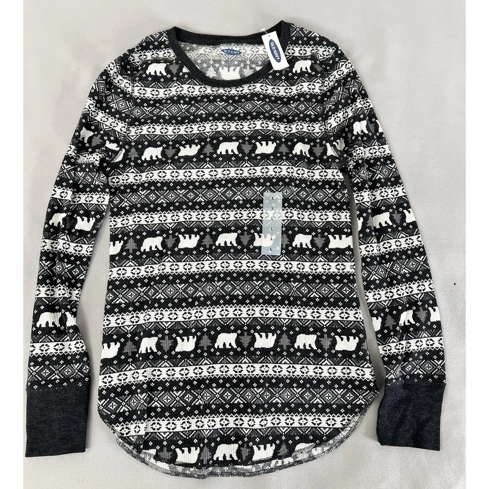Old Navy NWT Woman Juniors L Nordic Fair Isle Black/Gray Waffle Knit Thermal Top